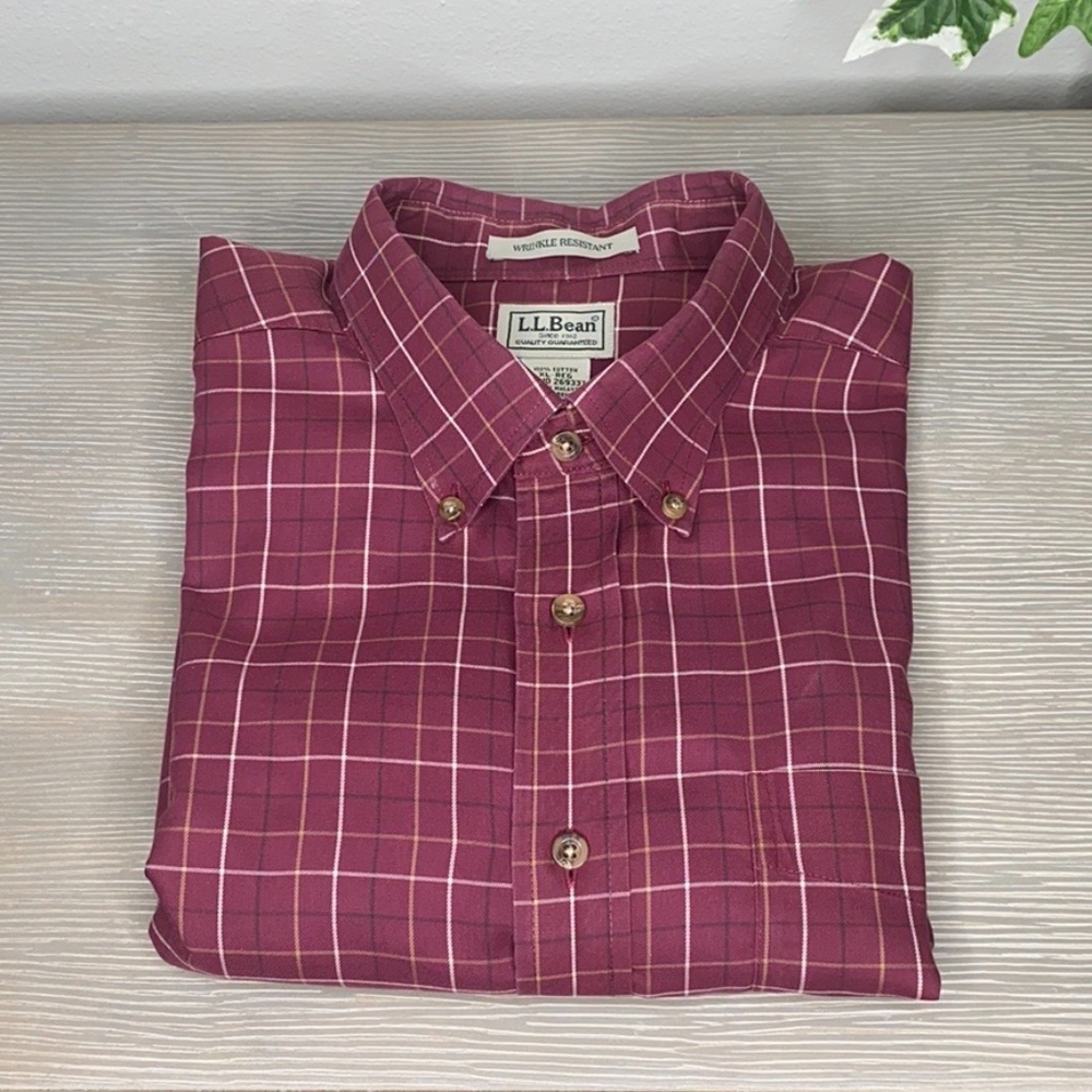 LL Bean Maroon Plaid Button Down Cotton XL